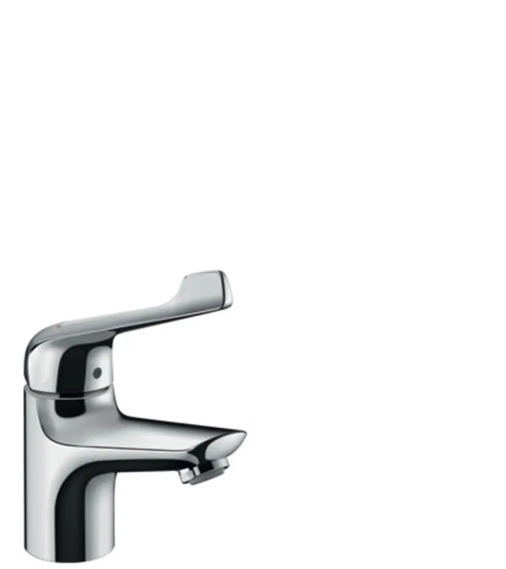 Hansgrohe-Waschtischmischer mit hochglänzender Oberfläche und einem langen Griff für die Wassersteuerung sowie einem Ablassventil für den Ablauf.
